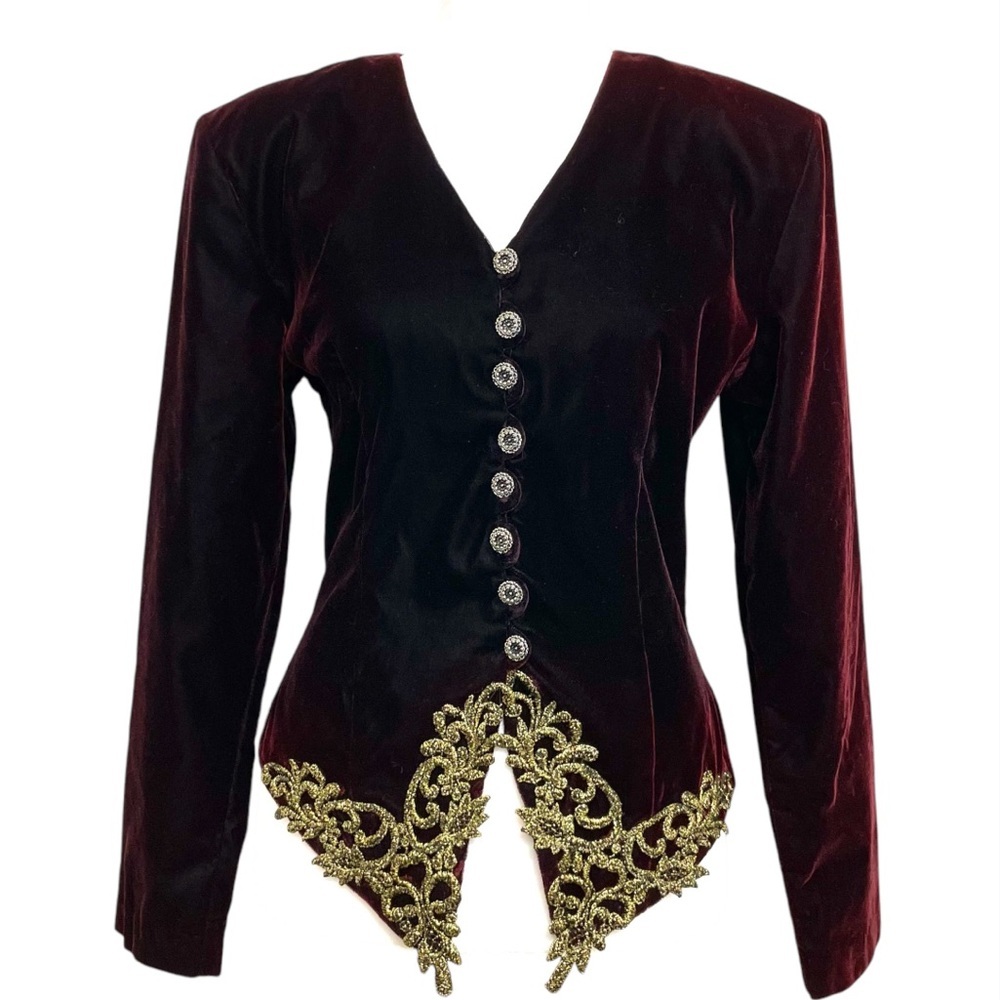 Marnie West Vintage 80s Burgundy Velvet & Gold Button Front Dinner Jacket